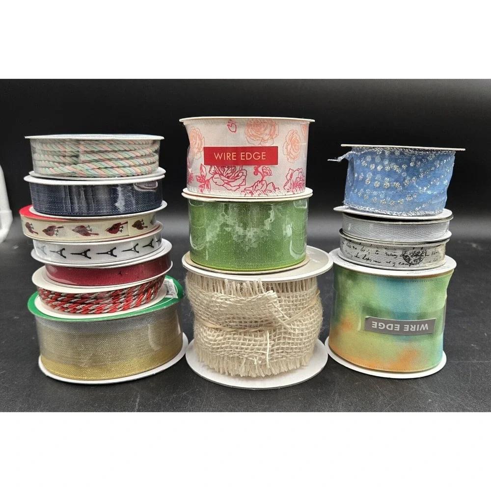 Mixed Craft Ribbon Lot Wired Edge Burlap Sheer Floral Cardinal Eiffel Tower 12pc